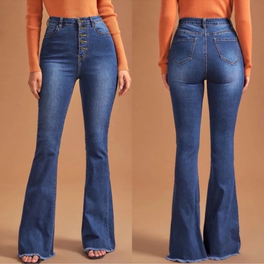 High Waist Button Fitted Dark Wash Denim Bell Bottom Jeans XS S M L